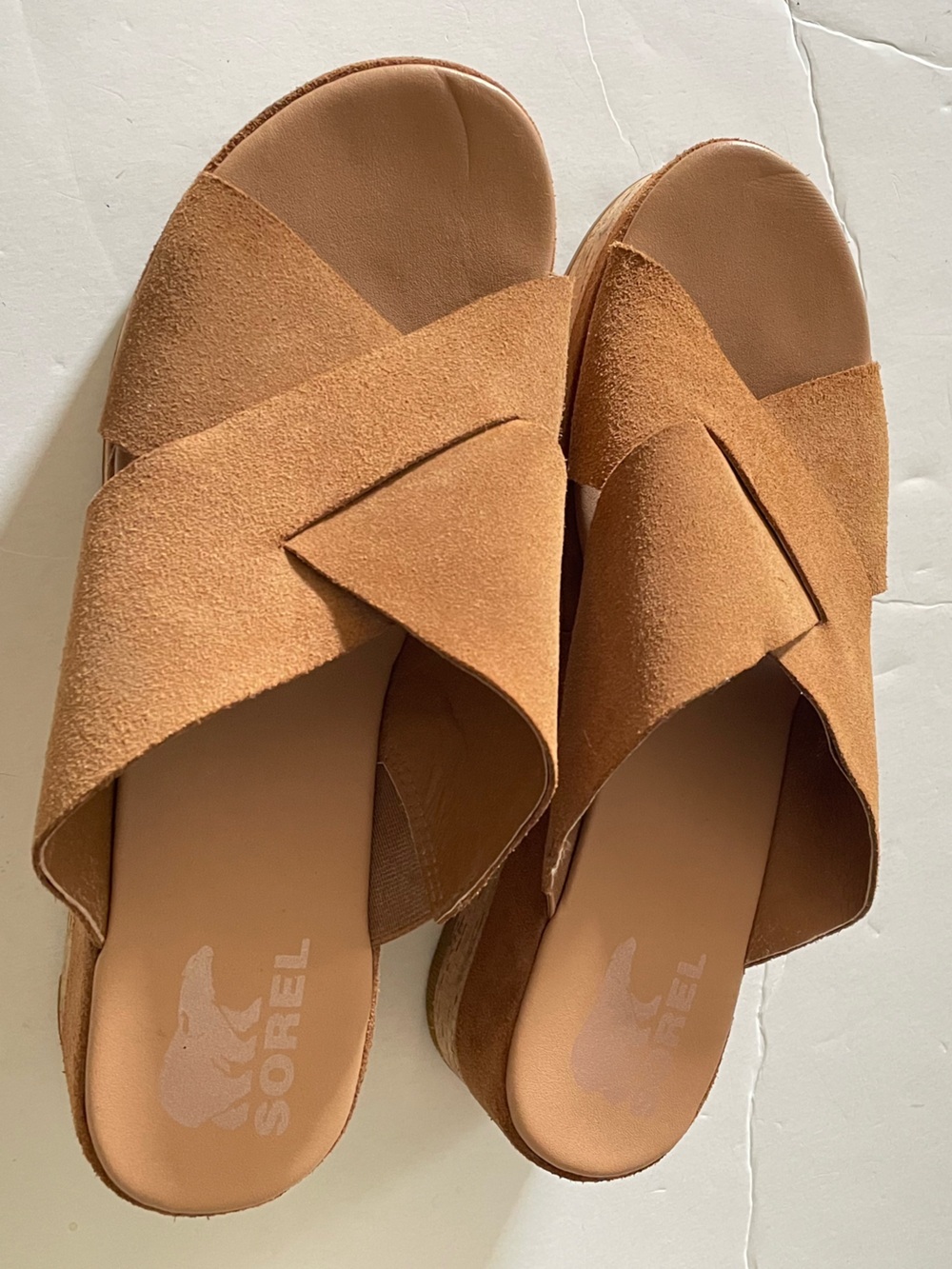 SOREL Cameron Flatform Tan Suede Crossover Slide Mules Women's Size 10